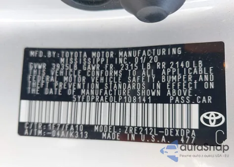 2020 Toyota Corolla L из США, поврежденный, VIN 5YFDPRAE0LP108141